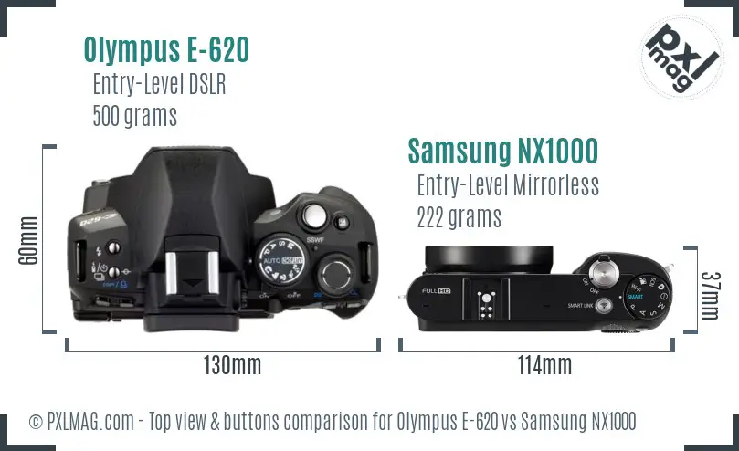 Olympus E-620 vs Samsung NX1000 top view buttons comparison Olympus E-620 vs Samsung NX1000 top view buttons comparison
