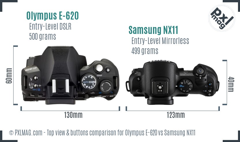 Olympus E-620 vs Samsung NX11 top view buttons comparison