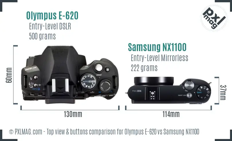 Olympus E-620 vs Samsung NX1100 top view buttons comparison Olympus E-620 vs Samsung NX1100 top view buttons comparison