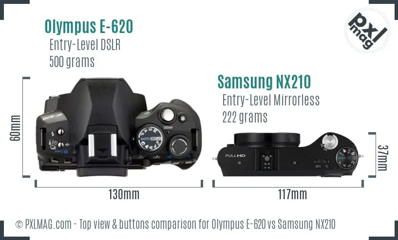Olympus E-620 vs Samsung NX210 top view buttons comparison Olympus E-620 vs Samsung NX210 top view buttons comparison
