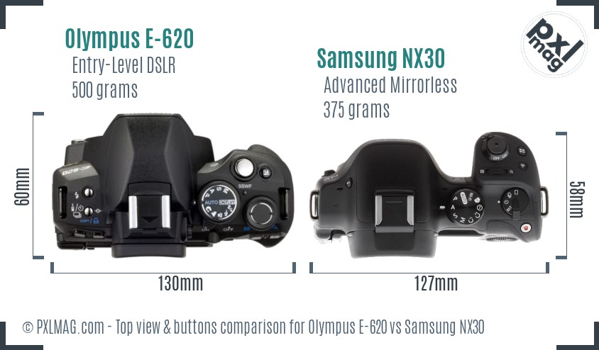 Olympus E-620 vs Samsung NX30 top view buttons comparison