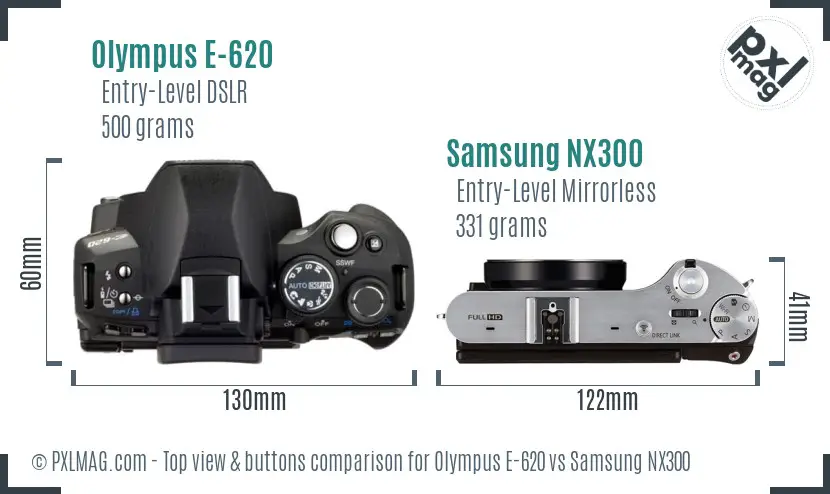 Olympus E-620 vs Samsung NX300 top view buttons comparison