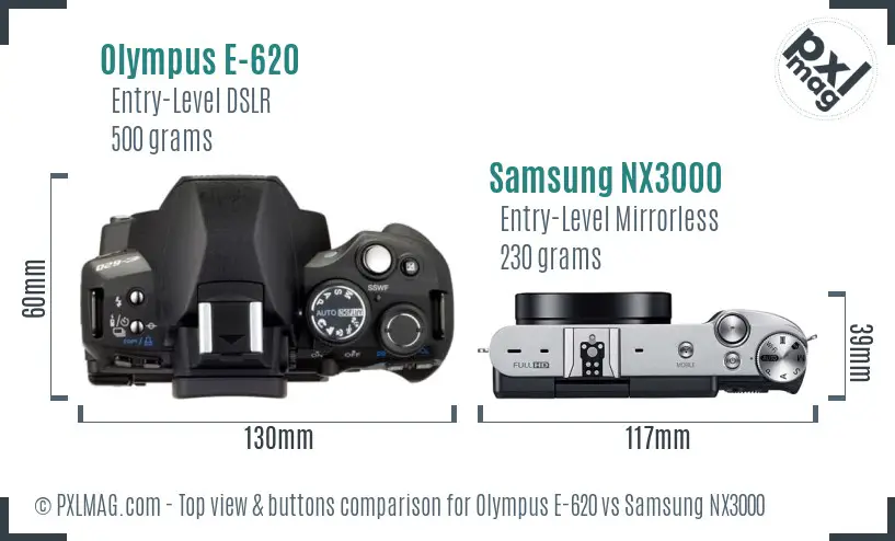 Olympus E-620 vs Samsung NX3000 top view buttons comparison