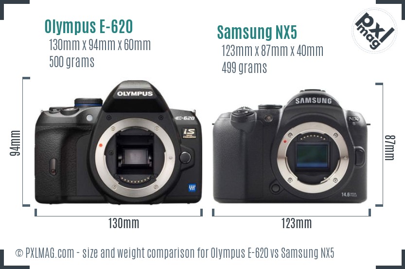 Olympus E-620 vs Samsung NX5 size comparison Olympus E-620 vs Samsung NX5 size comparison
