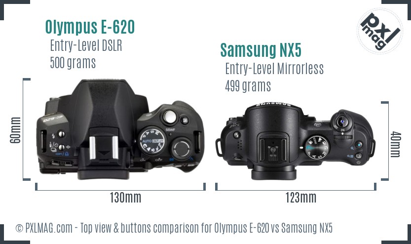 Olympus E-620 vs Samsung NX5 top view buttons comparison