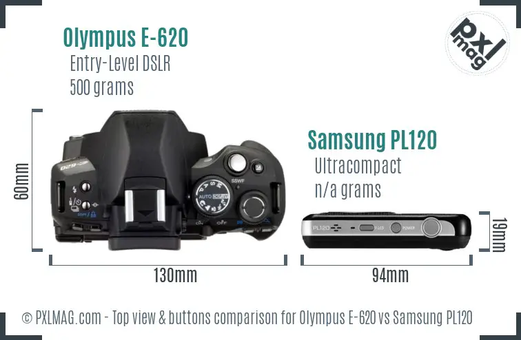 Olympus E-620 vs Samsung PL120 top view buttons comparison Olympus E-620 vs Samsung PL120 top view buttons comparison