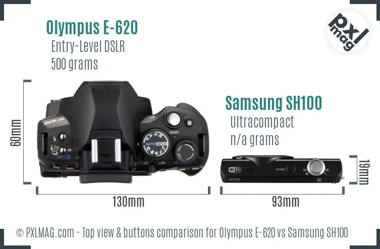 Olympus E-620 vs Samsung SH100 top view buttons comparison