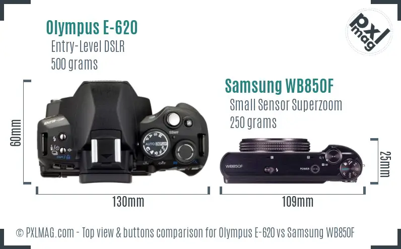 Olympus E-620 vs Samsung WB850F top view buttons comparison