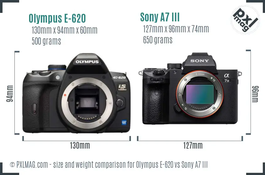 Olympus E-620 vs Sony A7 III size comparison