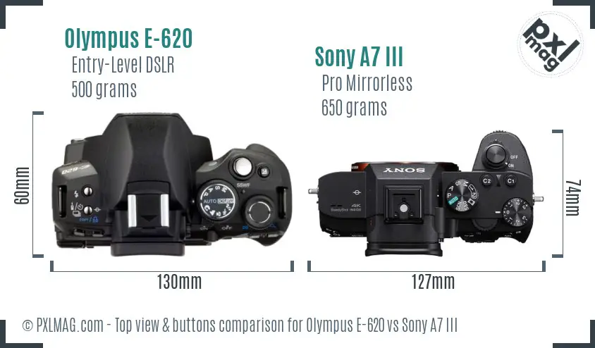 Olympus E-620 vs Sony A7 III top view buttons comparison