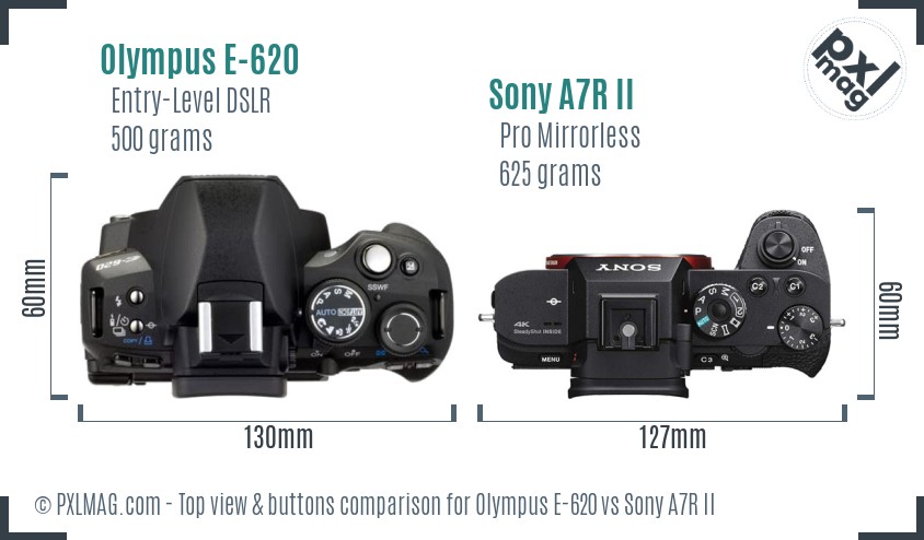 Olympus E-620 vs Sony A7R II top view buttons comparison