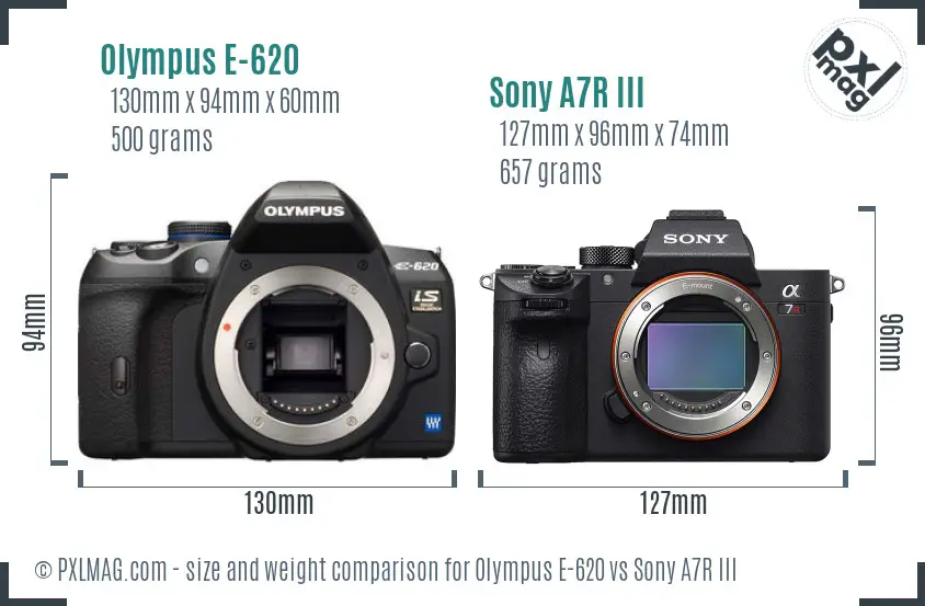 Olympus E-620 vs Sony A7R III size comparison