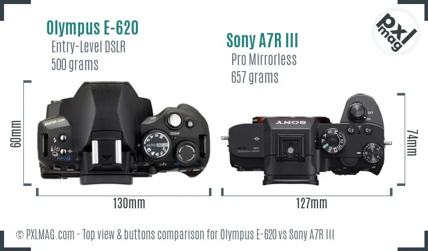 Olympus E-620 vs Sony A7R III top view buttons comparison