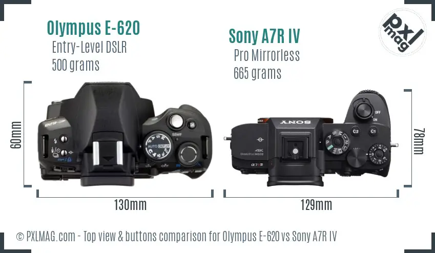 Olympus E-620 vs Sony A7R IV top view buttons comparison