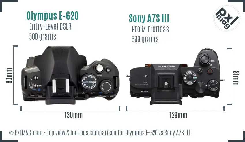 Olympus E-620 vs Sony A7S III top view buttons comparison