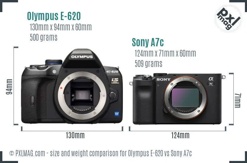 Olympus E-620 vs Sony A7c size comparison