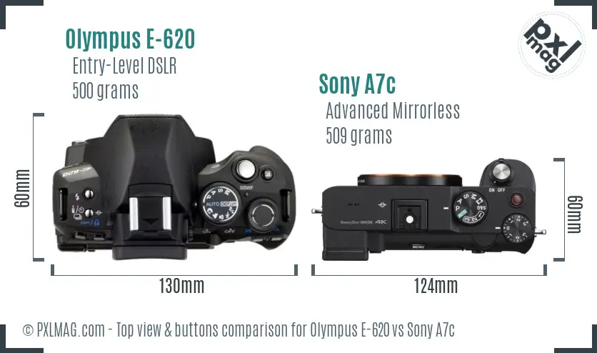 Olympus E-620 vs Sony A7c top view buttons comparison