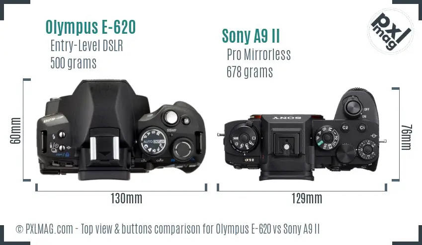 Olympus E-620 vs Sony A9 II top view buttons comparison