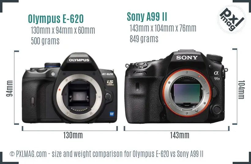 Olympus E-620 vs Sony A99 II size comparison