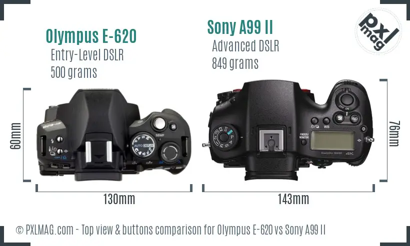 Olympus E-620 vs Sony A99 II top view buttons comparison