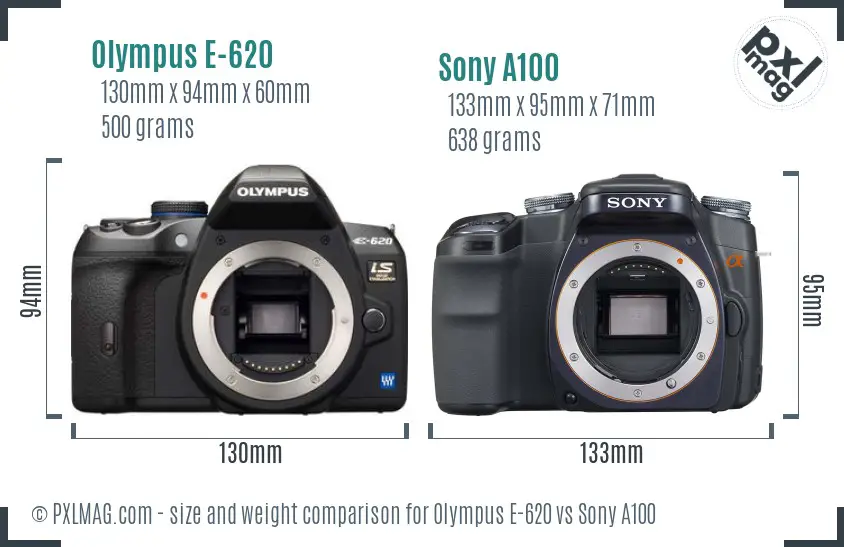 Olympus E-620 vs Sony A100 size comparison