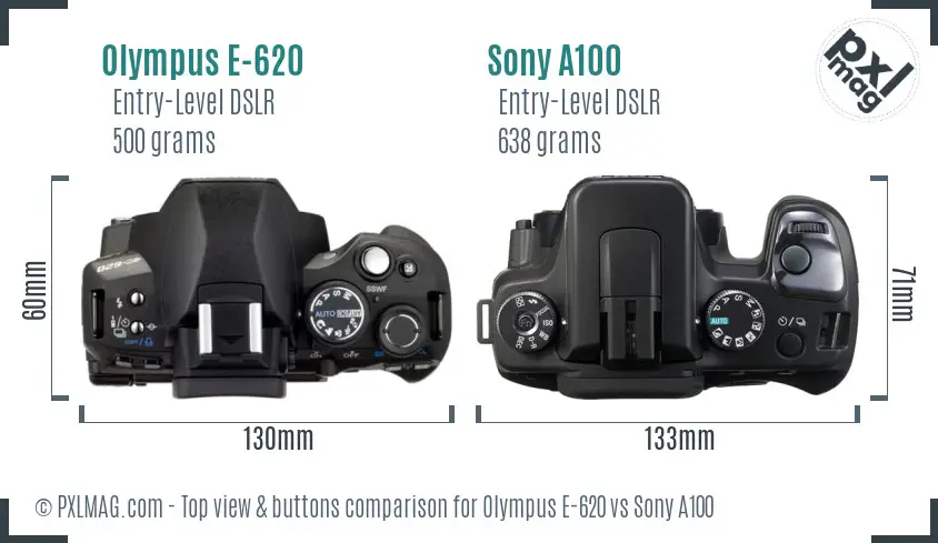 Olympus E-620 vs Sony A100 top view buttons comparison