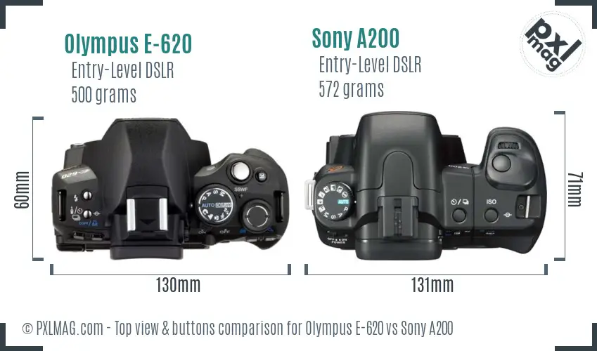 Olympus E-620 vs Sony A200 top view buttons comparison