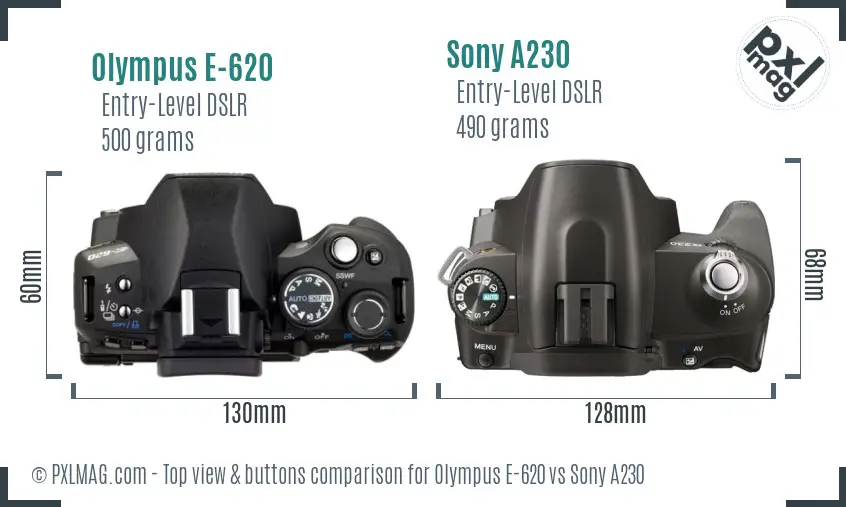 Olympus E-620 vs Sony A230 top view buttons comparison