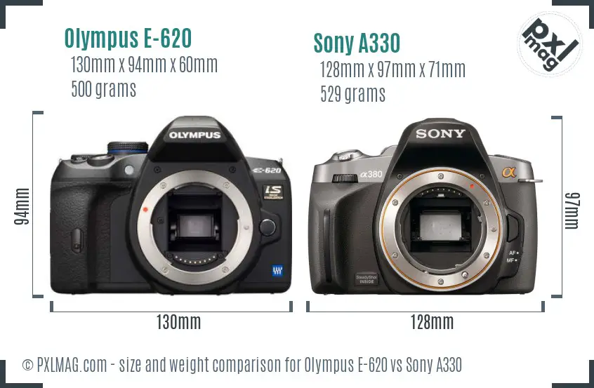 Olympus E-620 vs Sony A330 size comparison