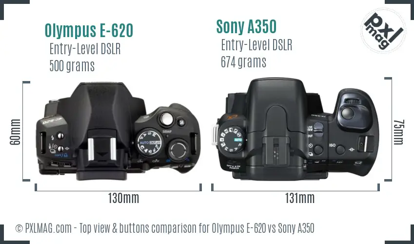 Olympus E-620 vs Sony A350 top view buttons comparison