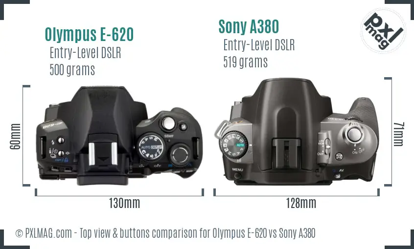 Olympus E-620 vs Sony A380 top view buttons comparison