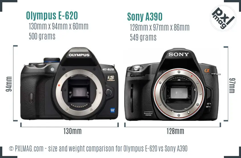 Olympus E-620 vs Sony A390 size comparison