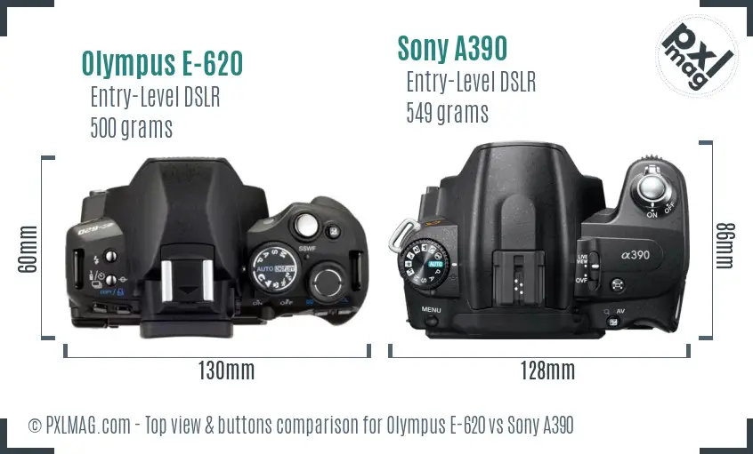 Olympus E-620 vs Sony A390 top view buttons comparison