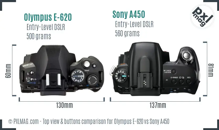 Olympus E-620 vs Sony A450 top view buttons comparison