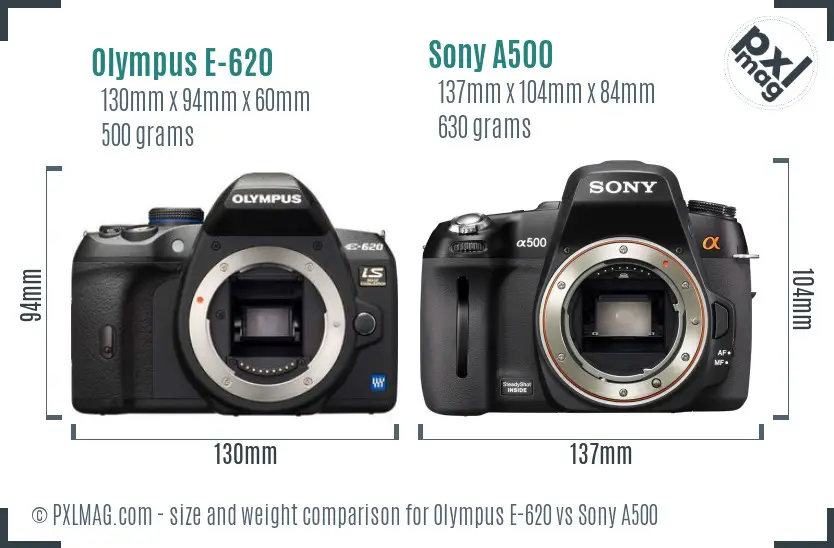 Olympus E-620 vs Sony A500 size comparison