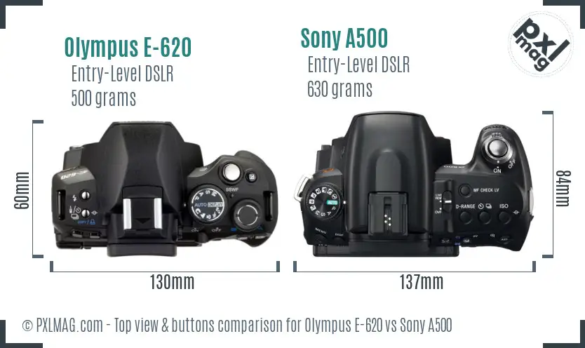 Olympus E-620 vs Sony A500 top view buttons comparison