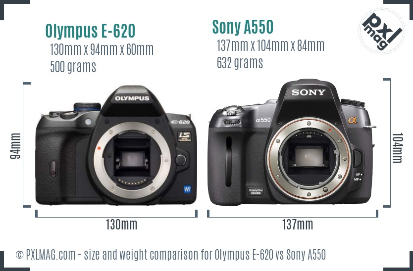 Olympus E-620 vs Sony A550 size comparison