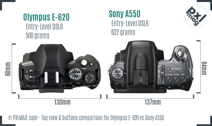 Olympus E-620 vs Sony A550 top view buttons comparison