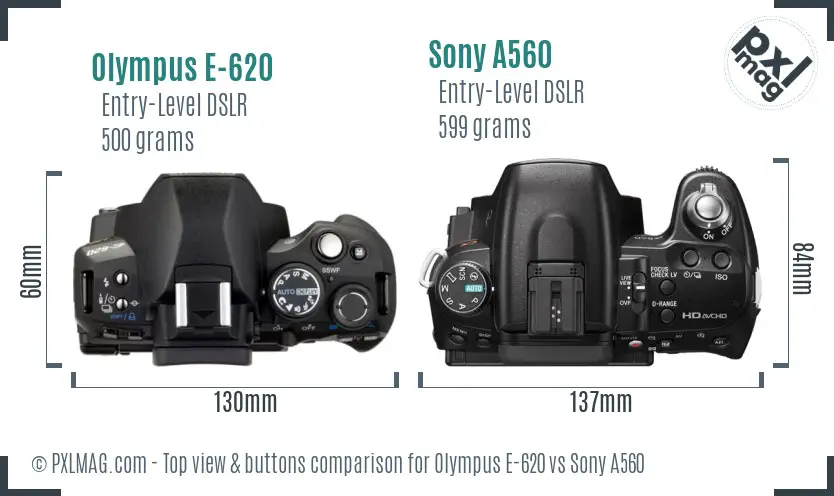 Olympus E-620 vs Sony A560 top view buttons comparison