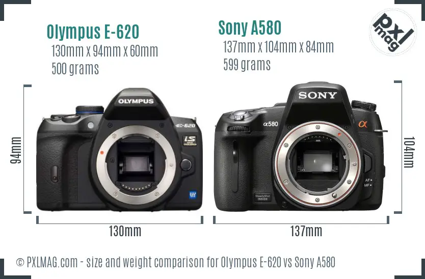 Olympus E-620 vs Sony A580 size comparison
