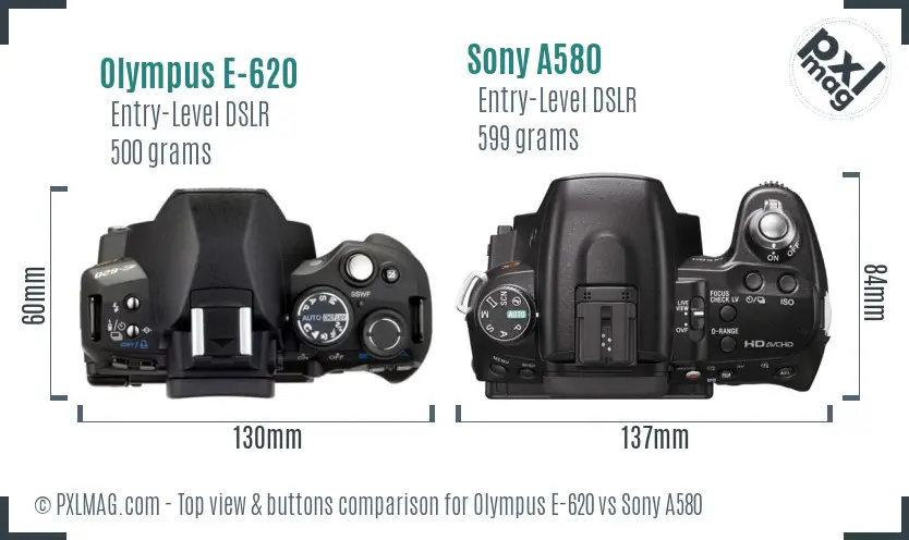 Olympus E-620 vs Sony A580 top view buttons comparison