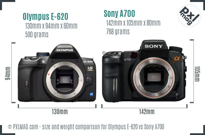 Olympus E-620 vs Sony A700 size comparison Olympus E-620 vs Sony A700 size comparison