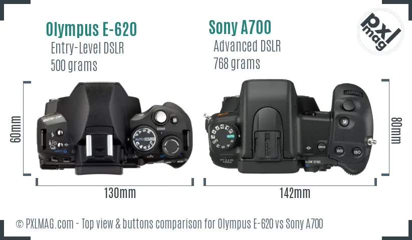 Olympus E-620 vs Sony A700 top view buttons comparison