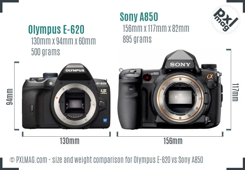 Olympus E-620 vs Sony A850 size comparison