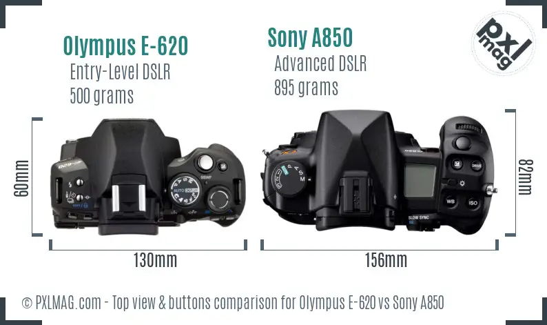 Olympus E-620 vs Sony A850 top view buttons comparison