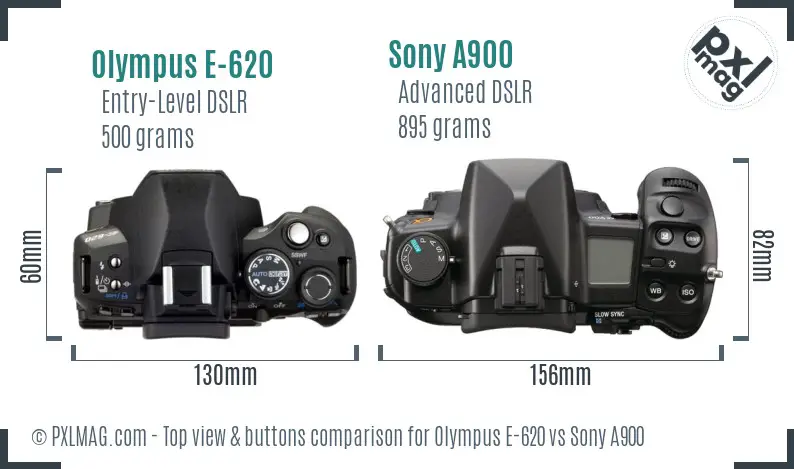 Olympus E-620 vs Sony A900 top view buttons comparison