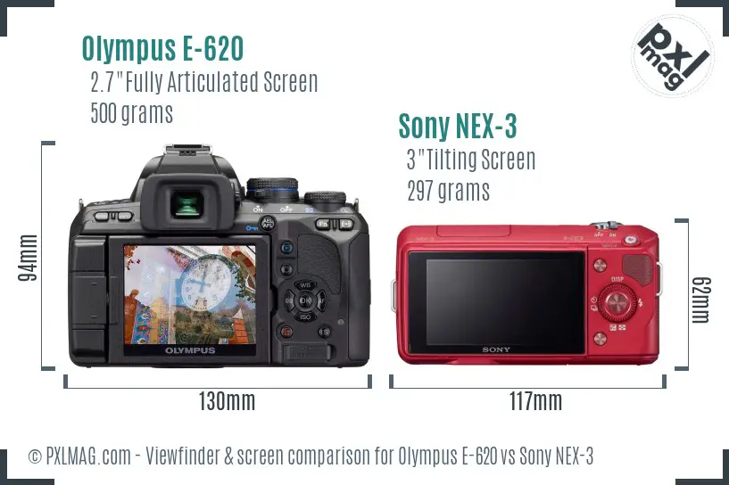 Olympus E-620 vs Sony NEX-3 Screen and Viewfinder comparison