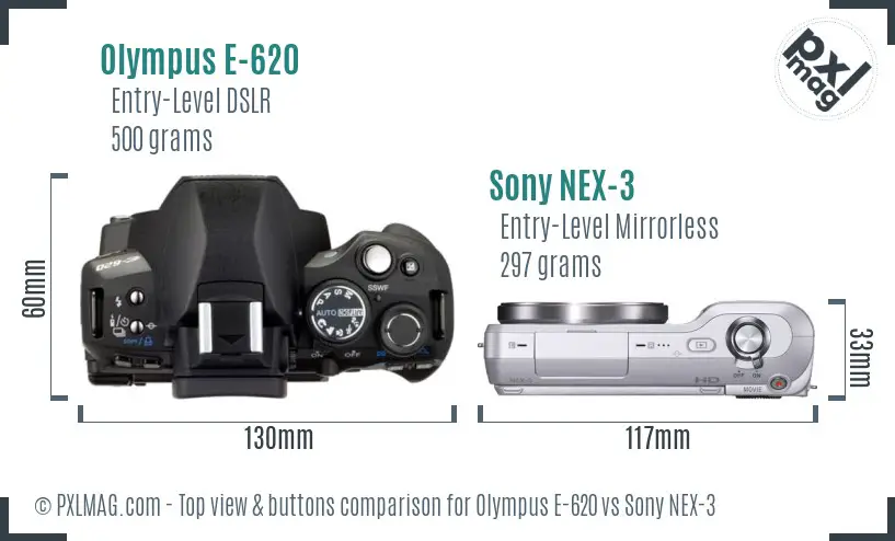 Olympus E-620 vs Sony NEX-3 top view buttons comparison