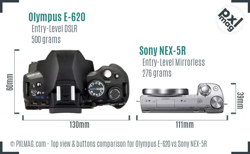 Olympus E-620 vs Sony NEX-5R top view buttons comparison