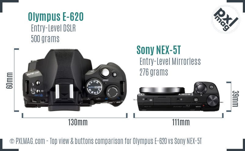 Olympus E-620 vs Sony NEX-5T top view buttons comparison